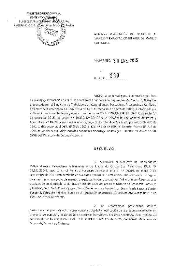 R EX N° 229-2015 PROYECTO DE MANEJO.