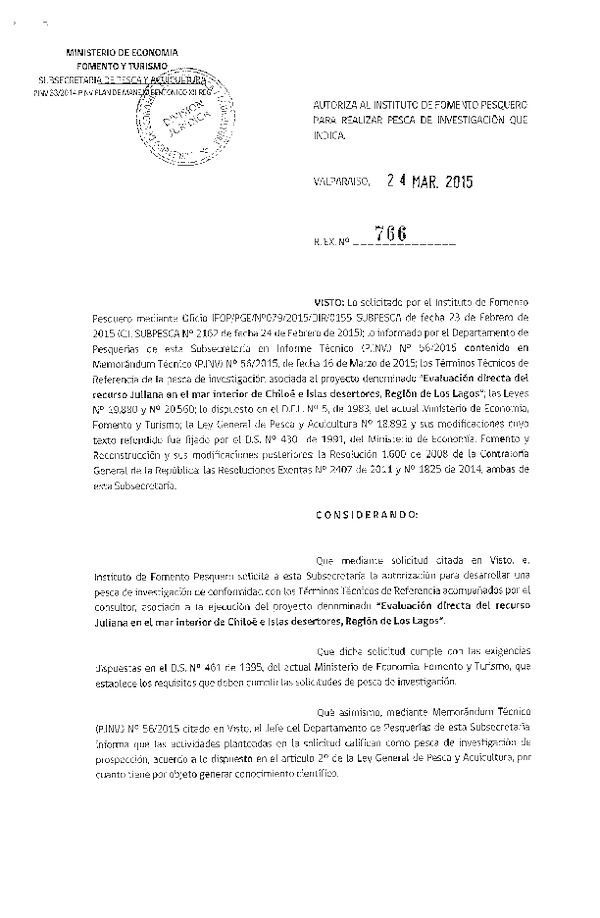 R EX N° 766-2015 Evaluación directa del recurso Juliana en el mar interios de Chiloé e Islas desertores, Región de Los Lagos.