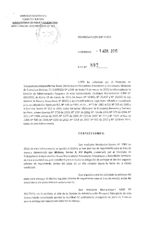 R EX N° 892-2015 PRORROGA 12° SEGUIMIENTO.