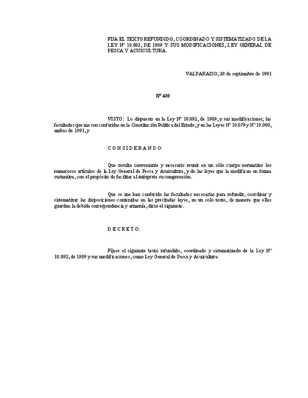 Ley General de Pesca y Acuicultura (Texto Actualizado Incorpora Modificación Ley N° 21.752)