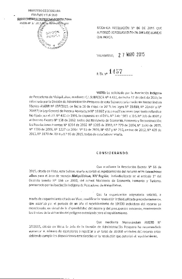 Res. Ex. N° 1457-2015 MODIFICA Res. Ex. N° 86-2015 REPOBLAMIENTO.