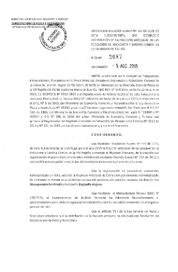 Res. Ex. N° 2087-2015 Modifica Res. Ex N° 391-2015 Distribución de la Fracción Artesanal de la Cuota de Captura Anchoveta y Sardina Común. VIII Región. (F.D.O. 13-08-2015)