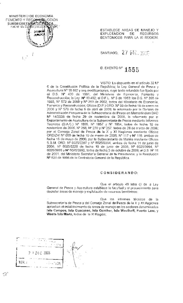 Dec. Ex. N° 1555-2006 Establece Área de Manejo, Isla Campos, Isla Guacanec, Isla Gunther y Otros, XI Región.