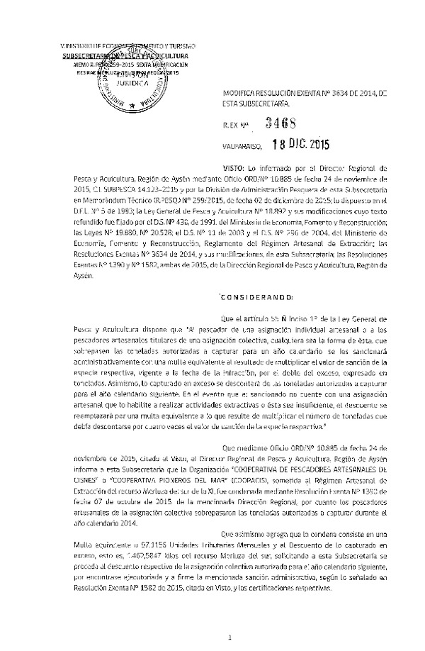 Res. Ex. N° 3468-2015 Modifica Res. Ex. N° 3634-2014 Distribución de la Fracción Artesanal de Pesquería de Merluza del sur por Organizaciones XI Región, Año 2015. (F.D.O. 28-12-2015)