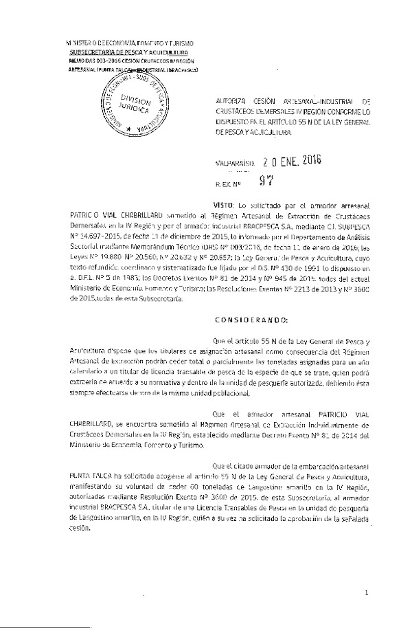 Res. Ex. N° 97-2016 Autoriza cesión crústaceos IV Región.
