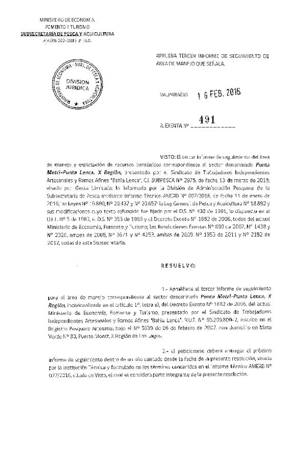 Res. Ex. N° 491-2016 3° SEGUIMIENTO.