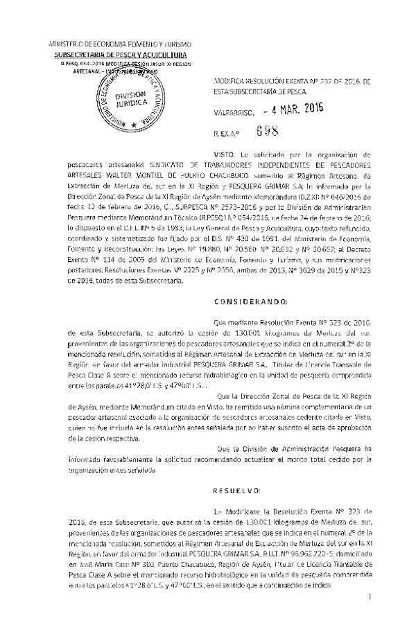 Res. Ex. N° 698-2016 Modifica Res. Ex. N° 232-2016 Autoriza Cesión Merluza del sur, XI Región.