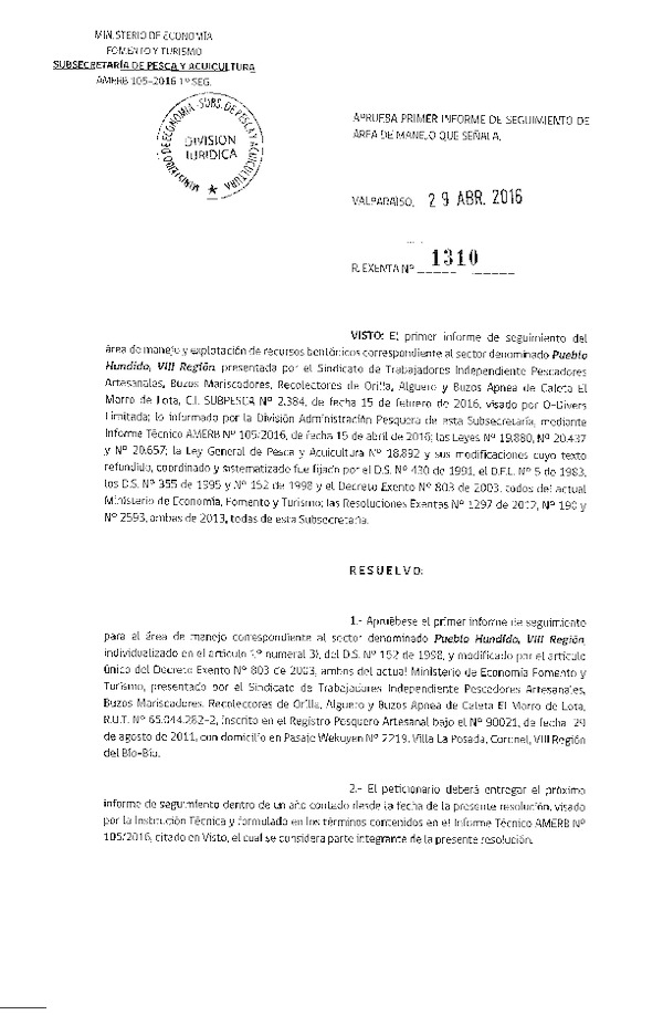 Res. Ex. N° 1310-2016 1° SEGUIIENTO.