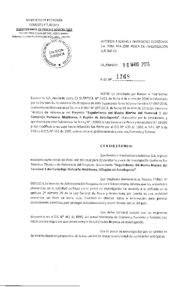 Res. Ex. N° 1368-2016 Seguiiento del medio marino terminal 1, Complejo Portuario Mejillones II Región.