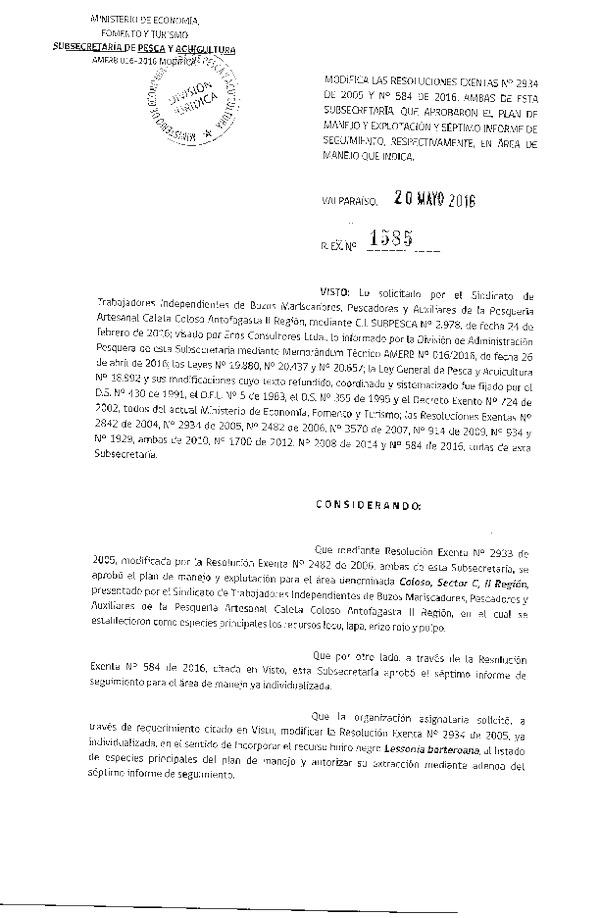 Res. Ex. N° 1585-2016 MODIFICA Res. Ex. N° 2934-2005 y N° 584-2016.