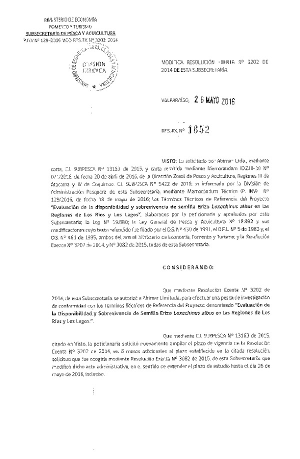 Res. Ex. N° 1652-2016 Modifica Res. Ex. N° 3202-2014 Evaluación de la disponibilidad y sobrevivencia de semilla Erizo regiones de Los Ríos y Los Lagos.
