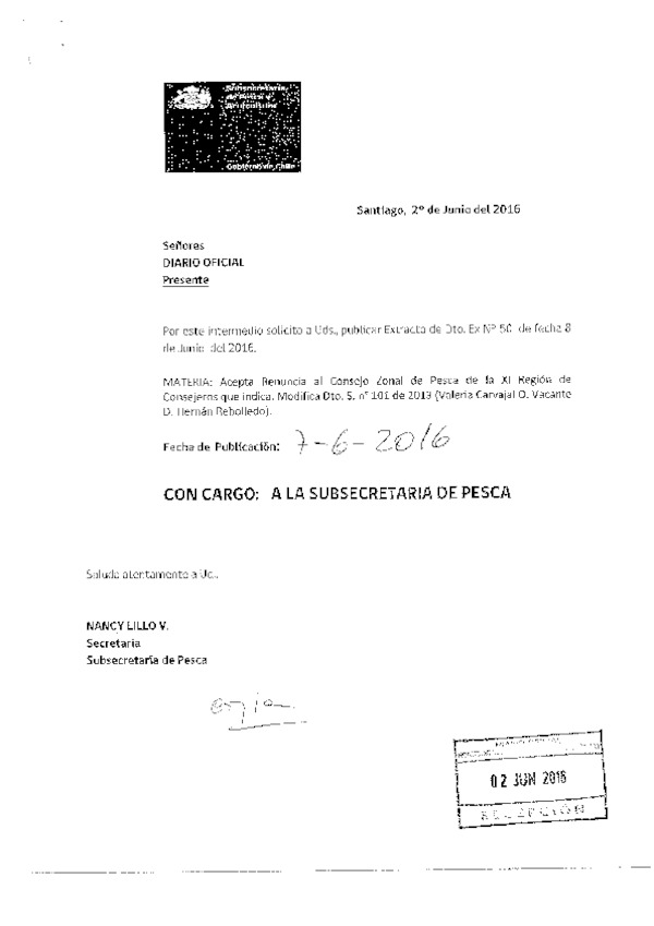 D.S. N° 50-2016 Acepta Renuncia al Consejo Zonal de Pesca de la XI Región de Consejero que Indica. Modifica D.S. N° 101-2013. (F.D.O. 07-06-2016)