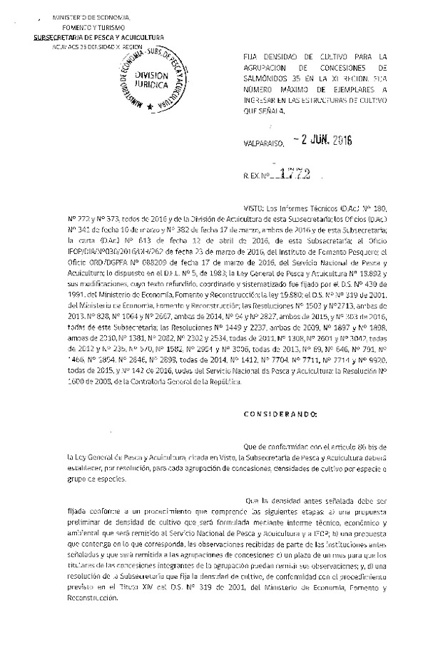 Res. Ex. N° 1772-2016 Fija densidad de cultivo para la Agrupación de concesión de Salmonidos 35, XI Región. (F.D.O. 09-06-2016)