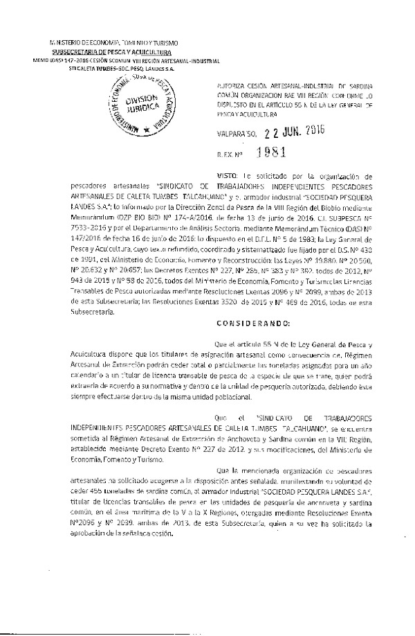 Res. Ex. N° 1981-2016 Autoriza cesión sardina común, VIII Región