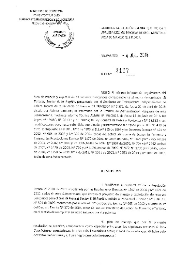 Res. Ex. N° 2117-2016 10° SEGUIMIENTO.