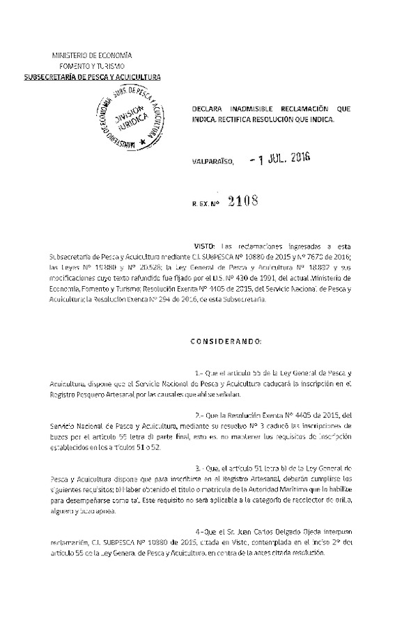 Res. Ex. N° 2108-2016 Declara inadmisible reclamación que indica. Rectifica Res. Ex. 294-2016.
