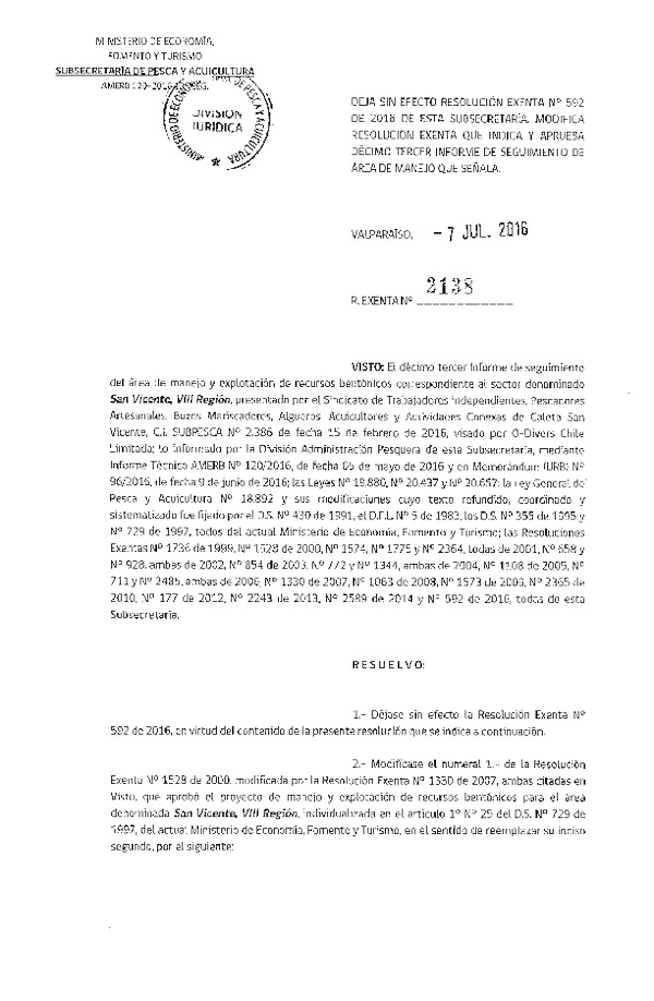 Res. Ex. N° 2138-2016 DSEJA SIN EFECTO Res. Ex. N° 592-2016. APRUEBA 13° SEGUIMIENTO.