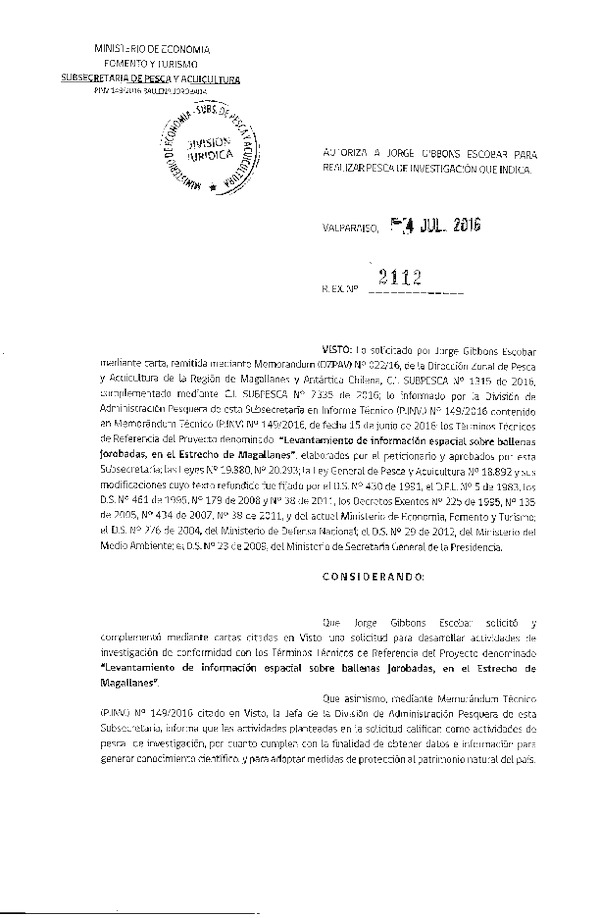 Res. Ex. N° 2112-2016 Levantamiento de información espacial sobre ballenas jorobadas.
