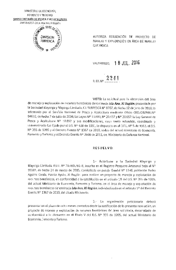 Res. Ex. N° 2241-2016 PROYECTO DE MANEJO.