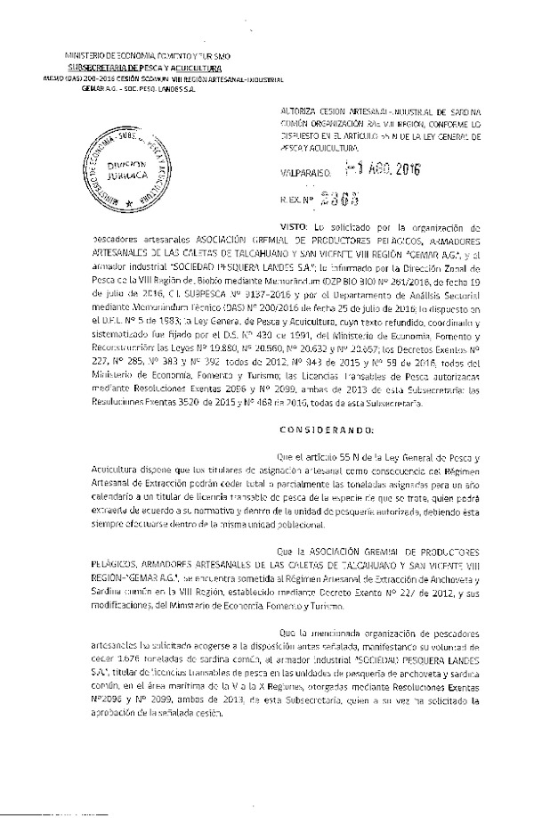 Res. Ex. N° 2365-2016 Autoriza cesión sardina común, VIII Región.