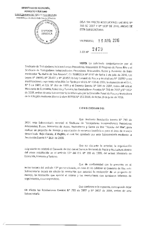 Res. Ex. N° 2479-2016 DEJA SIN EFECTO Res. Ex. N° 793-2007 y N° 1637-2008.
