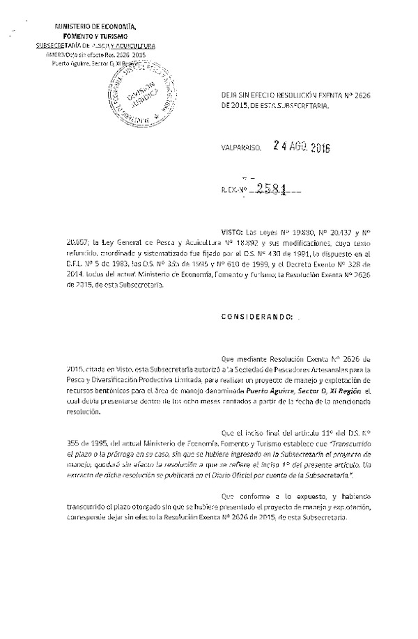 Res. Ex. N° 2581-2016 DEJA SIN EFECTO Res. Ex. N° 2626-2015.