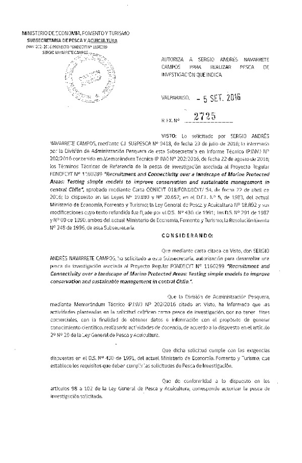 Res. Ex. N° 2725-2016 Proyecto fondecyt, IV-VI Región.