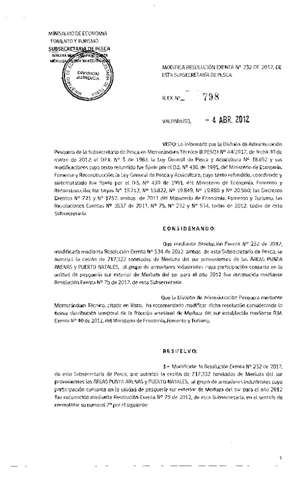 Res. Ex. N° 798-2012 Modifica Res. Ex. N° 232-2012.
