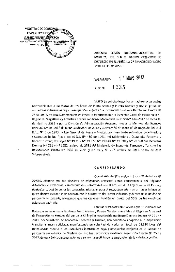 Res. Ex. N° 1235-2012 Autoriza cesión Merluza del sur XII Región.