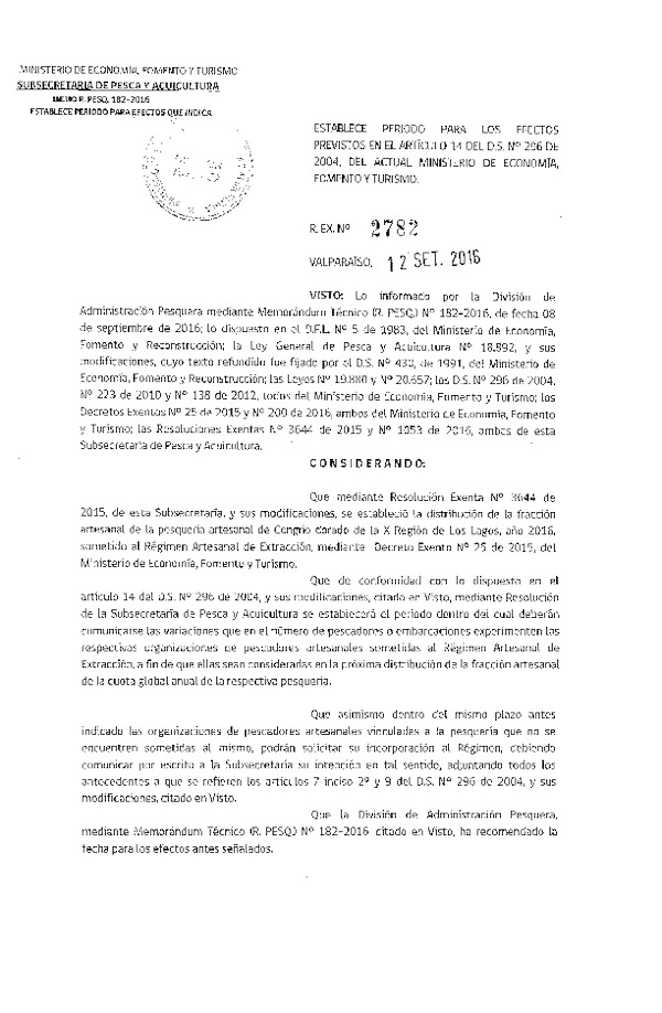 Res. Ex. N° 2782-2016 Establece Período para los Efectos Previstos en el Artículo 14 del D.S. N° 296-2004. (Publicado en Página Web 12-09-2016)