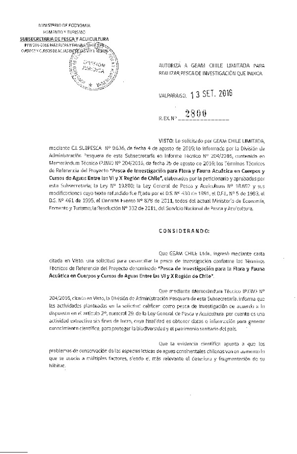 Res. Ex. N° 2800-2016 Pesca de investigación para Flora y fauna acuática, VI-X Región.