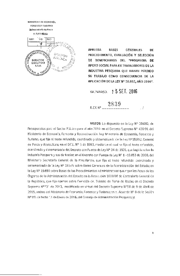 Res. Ex. N° 2839-2016 Aprueba bases generales de procedimiento, evaluación y selección de beneficiarios.