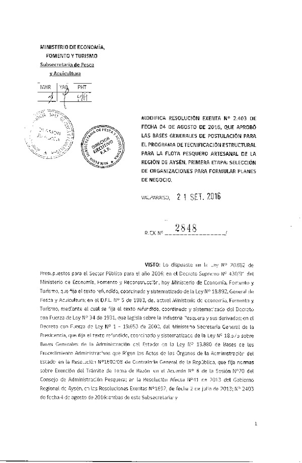 Res. Ex. N° 2848-2016 Modifica Res. Ex. N° 2403-2016 Aprueba bases generales de postulación para el Programa de Tecnificación Estructural para la Flota Pesquero Artesanal XI Región.