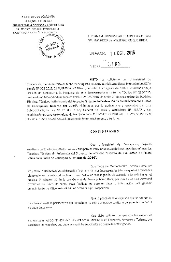 Res. Ex. N° 3103-2016 Estudio de evaluación de fauna íctica en la Bahía de Concepción, invierno del 2016.