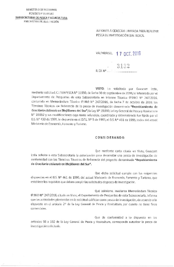 Res. Ex. N° 3132-2016 Repoblamiento de Gracilaria chilensis en Mejillones del Sur.