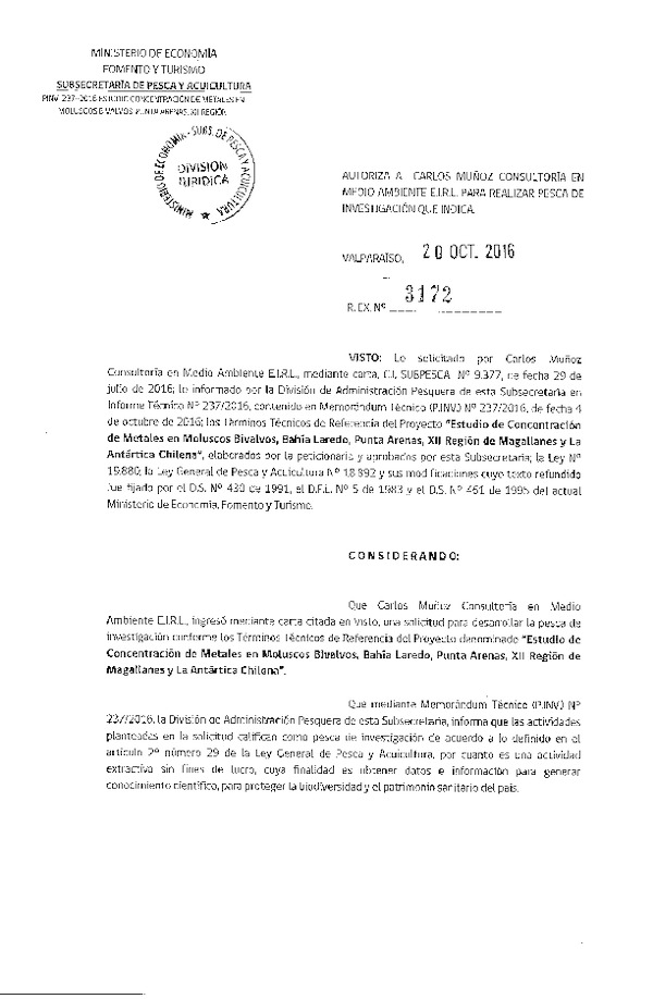Res. Ex. N° 3172-2016 Estudio de concentración de metales en molúscos bivalvos, XII Región.