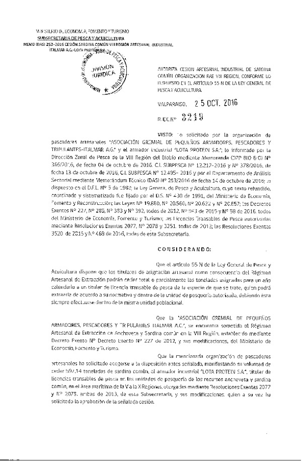 Res. Ex. N° 3219-2016 Autoriza cesión sardina común, VIII Región.