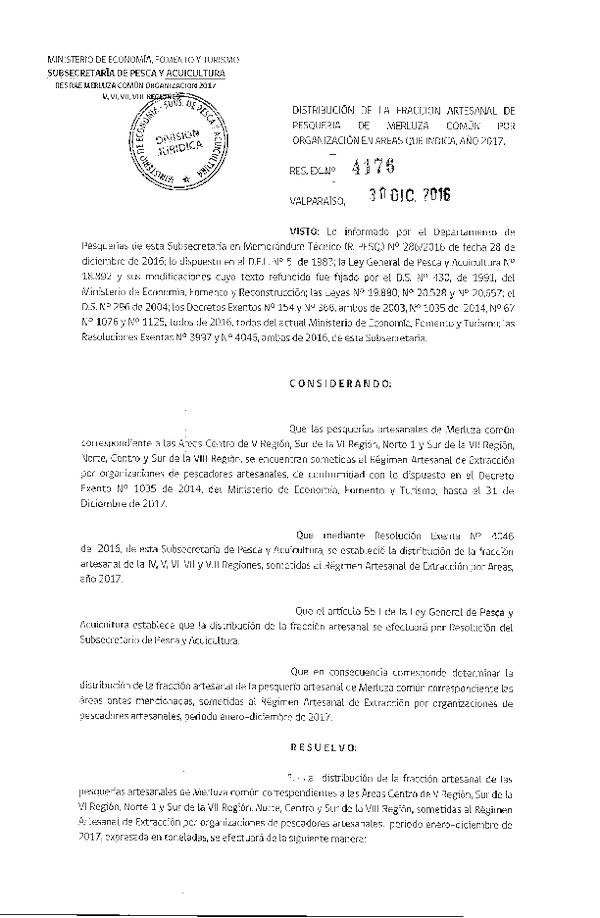 Res. Ex. N° 4176-2016 Distribución de la Fracción Artesanal de Pesquería de Merluza Común por Organización, Áreas de V, VI, VII y VIII Región (RAE), Año 2017.