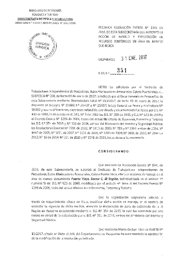 Res. Ex. Nº 351-2017 Modifica Res. Ex. N° 1041-2016.