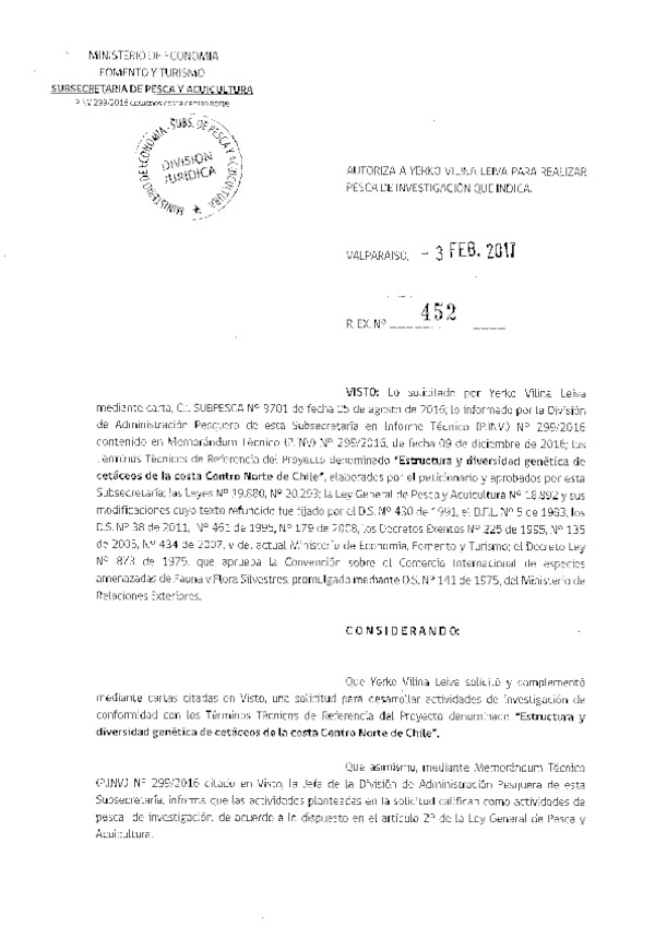 Res. Ex. N° 452-2017 Estructura y diversidad genética de cetáceos.