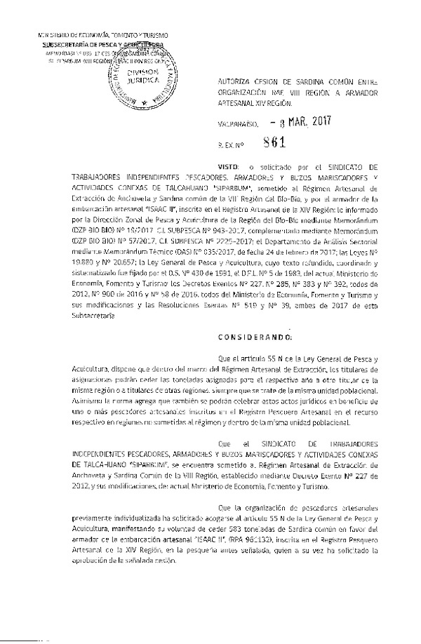Res. Ex. N° 861-2017 Autoriza Cesión Sardina Común, VIII a XIV Región.