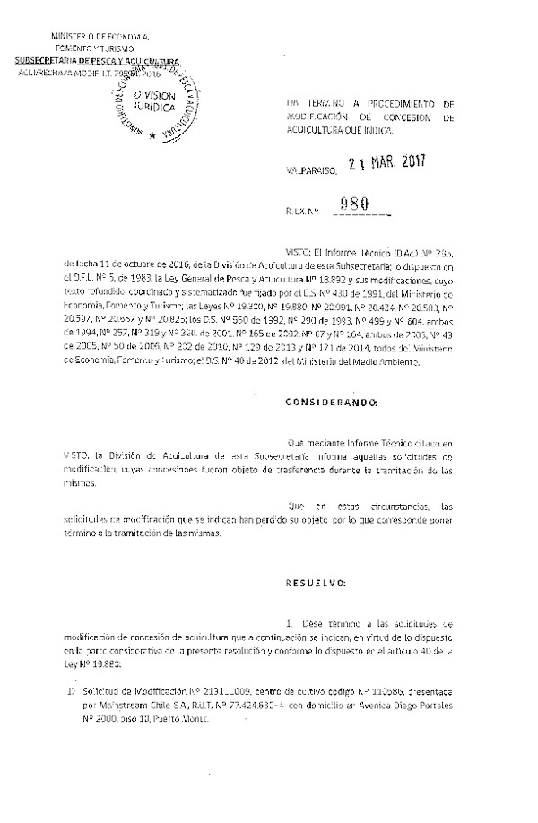Res. Ex. N° 980-2017 Da termino a procedimiento de modificación de concesión de acuicultura que indica.