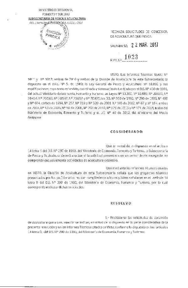 Res. Ex. N° 1023-2017 Rechaza solicitudes de relocalización de concesión de acuicultura que indica.