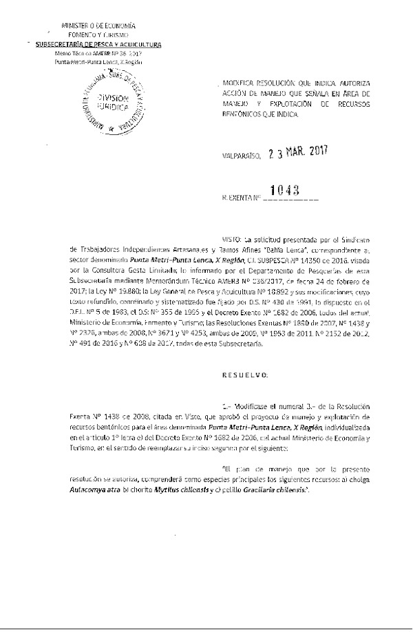 Res. Ex. N° 1043-2017 Modifica Res. Ex. N° 1438-2008.