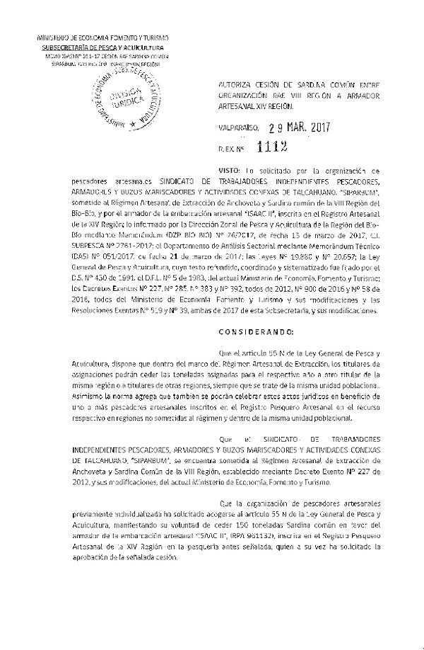 Res. Ex. N° 1112-2017 Autoriza Cesión sardina común, X a XIV Región.