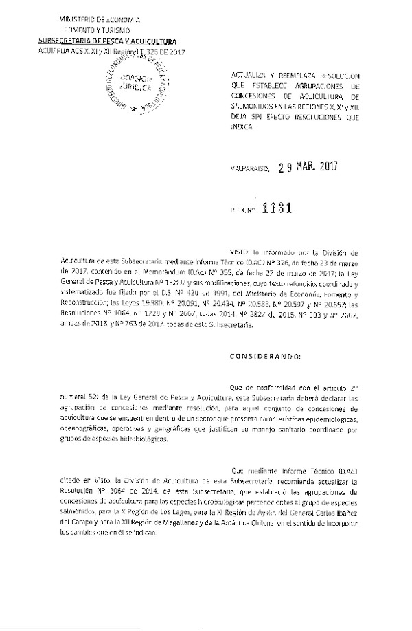 Res. Ex. N° 1131-2017 Actualiza y Reemplaza Resolución que Establece Agrupaciones de Concesiones de Acuicultura de Salmónidos en las Regiones X, XI y XII. Deja sin Efecto Resoluciones que Indica.
