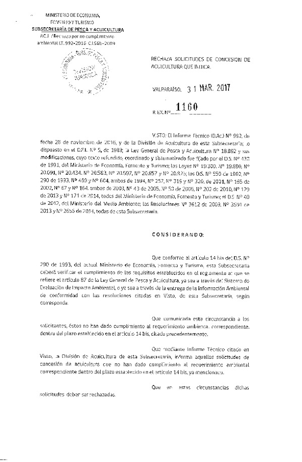Res. Ex. N° 1160-2017 Rechaza solicitudes de concesión de acuicultura que indica.