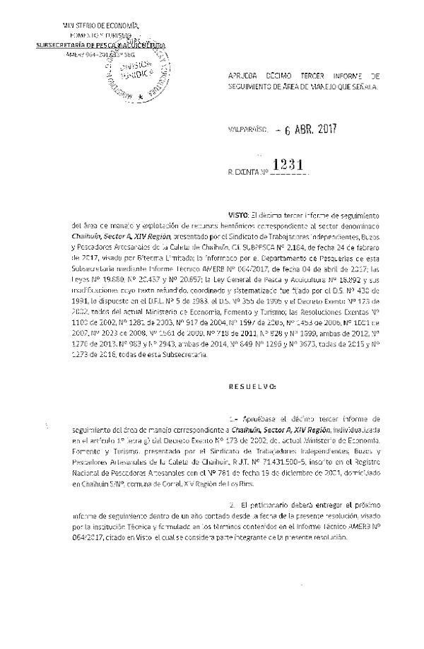 Res. Ex. N° 1231-2017 13° Seguimiento.