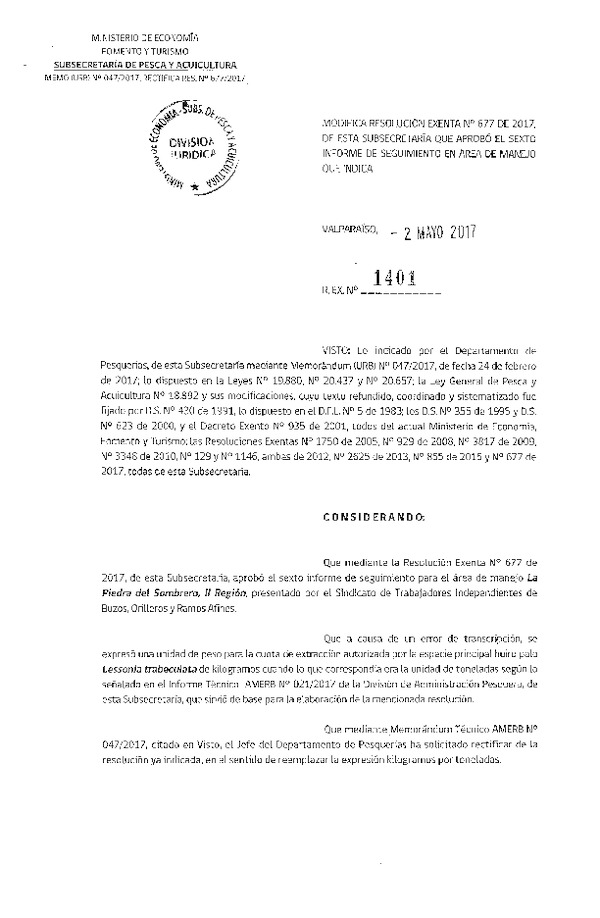 Res. Ex. N° 1401-2017 Modifica Res. Ex. N° 677-2017.
