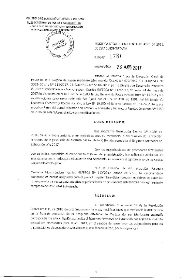 Res. Ex. N° 1780-2017 Modifica Res. Ex. N° 4180-2016 de esta Subsecretaría. (Publicado en Página Web 31-05-2017)
